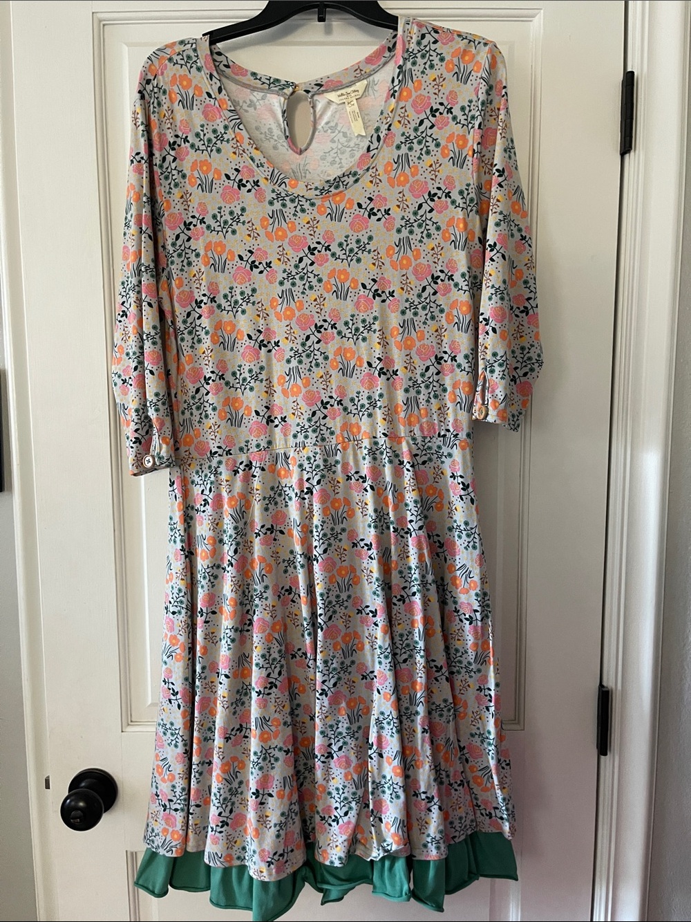 Floral A-Line Dress with Green Hem
